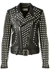 Customize Brando Gothic Jacket, Women Personalized Studs Jacket, Genuine Leather Jacket, Silver Round Studs, Lapel Collar Belted Jacket,